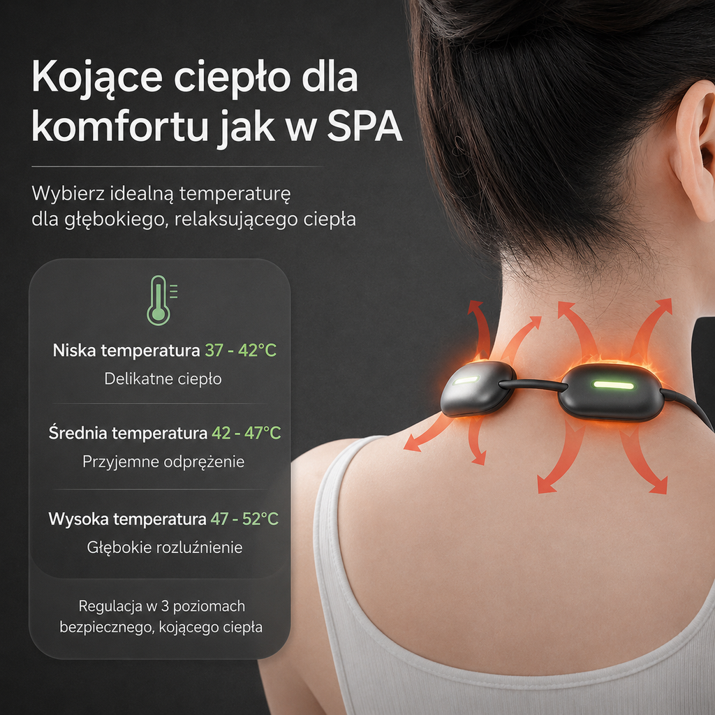 Masażer karku z funkcją ciepła — 3 poziomy temperatury 37-52°C
