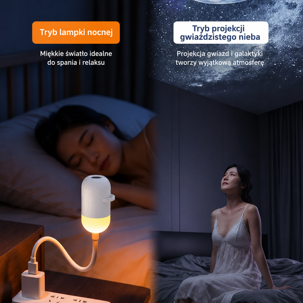 Projektor Gwiazd Kosmolight - tryb lampki nocnej i tryb projekcji gwiaździstego nieba