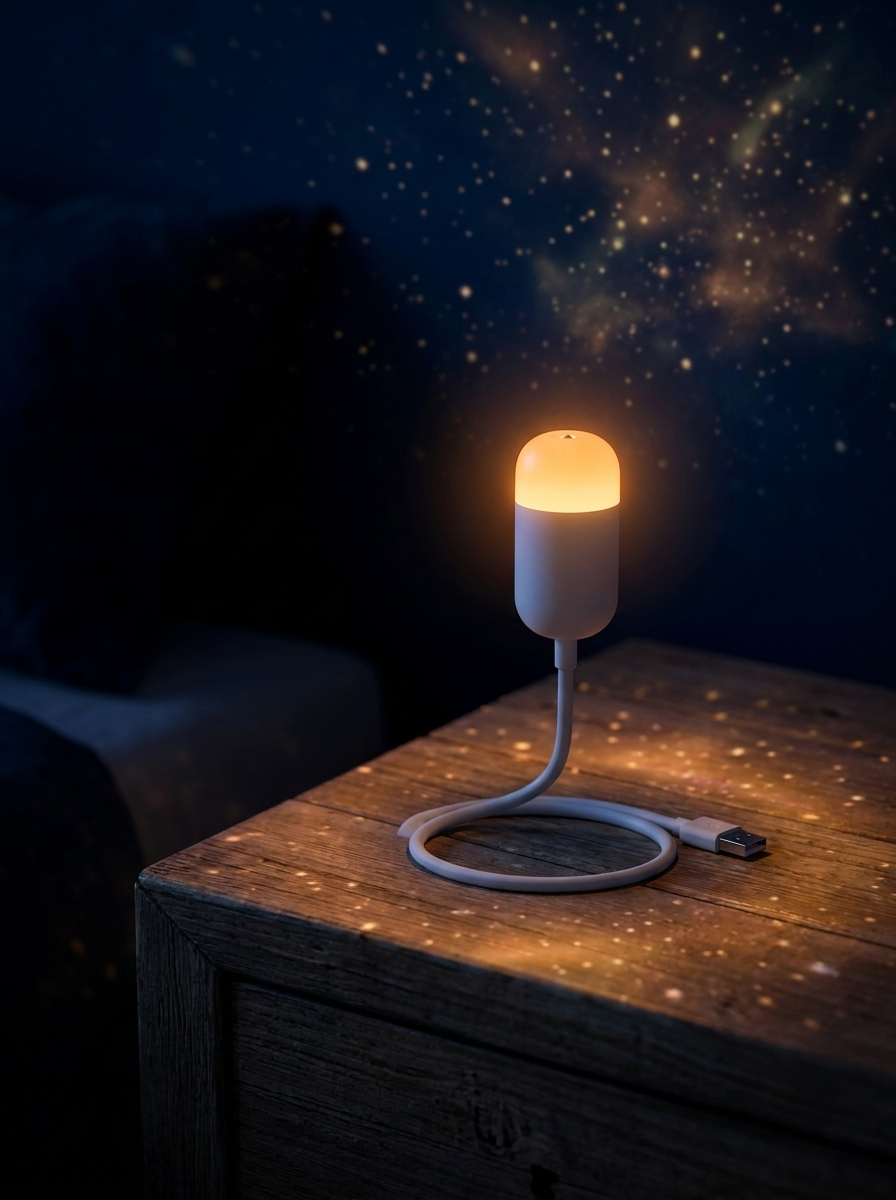 Kosmolight - projektor gwiazd świecący nocą w sypialni, klimatyczne zdjęcie